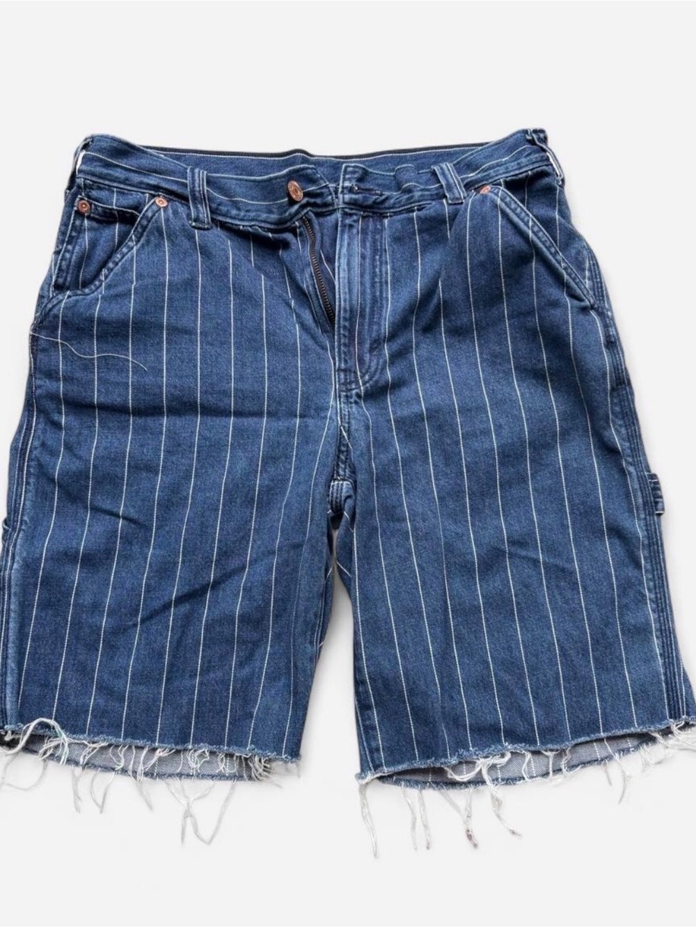 Gap 90s Loose Carpenter Denim Pinstripe Jorts Shorts Custom Cut Raw Hem Size 28